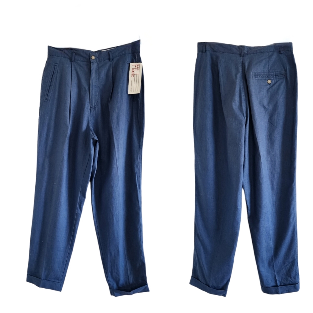 Milano Steel Blue Linen Front Zip, Pockets, Pants Size 16